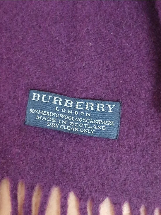 Burberry Wool Cashmere Blend Purple Striped Fringe Scarf - Picture 5 of 7